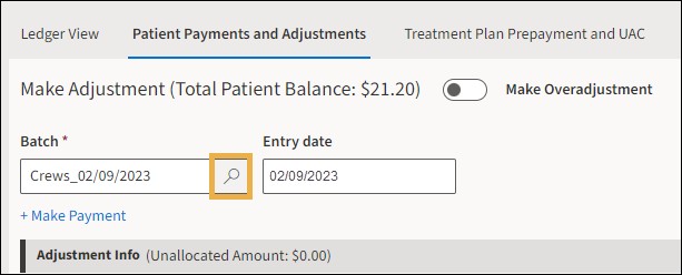 Adjustment posting window with yellow highlight box around the Batch search icon.